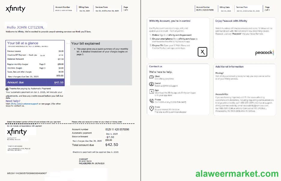 USA Xfinity utility bill template in Word and PDF formats, 3 pages, version 4, 1-2 pages